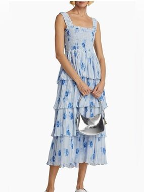 Ganni Light Blue Floral Smocked Tiered Midi Dress